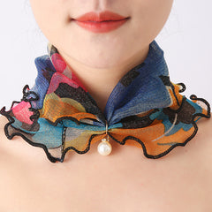 Mesh Scarf Colorful Print with Faux Pearl Pendant