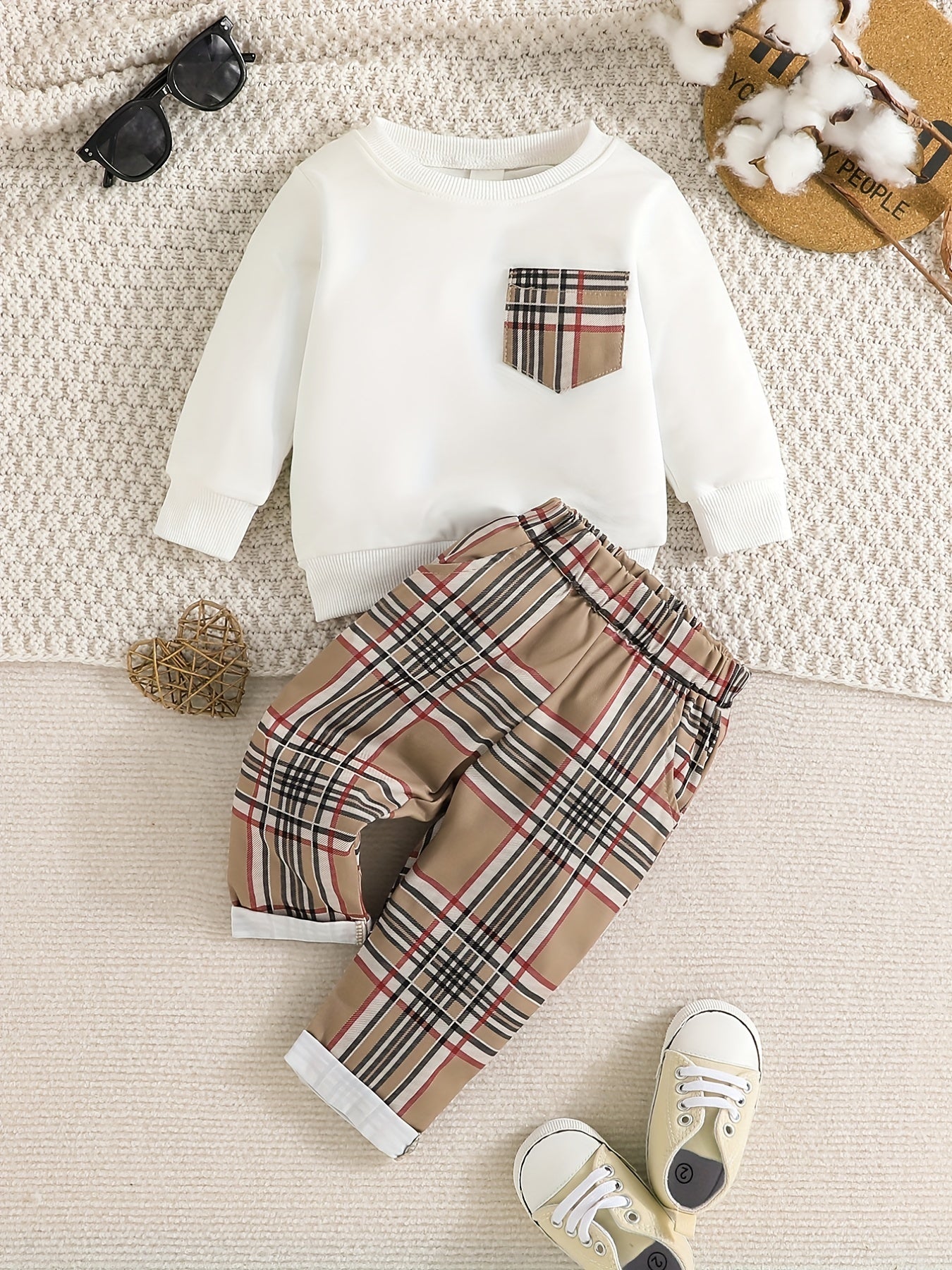 Baby Boys Long Sleeve Sweatshirt & Plaid Pants Set