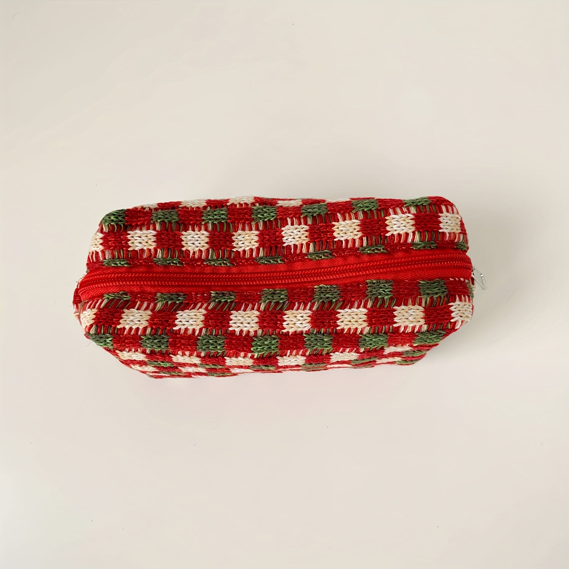Checkered Cosmetic Bag Knitted Christmas Red Green Makeup Pouch