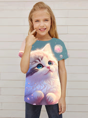 Dreamy Cat Graphic Short Sleeve T shirt For Girls