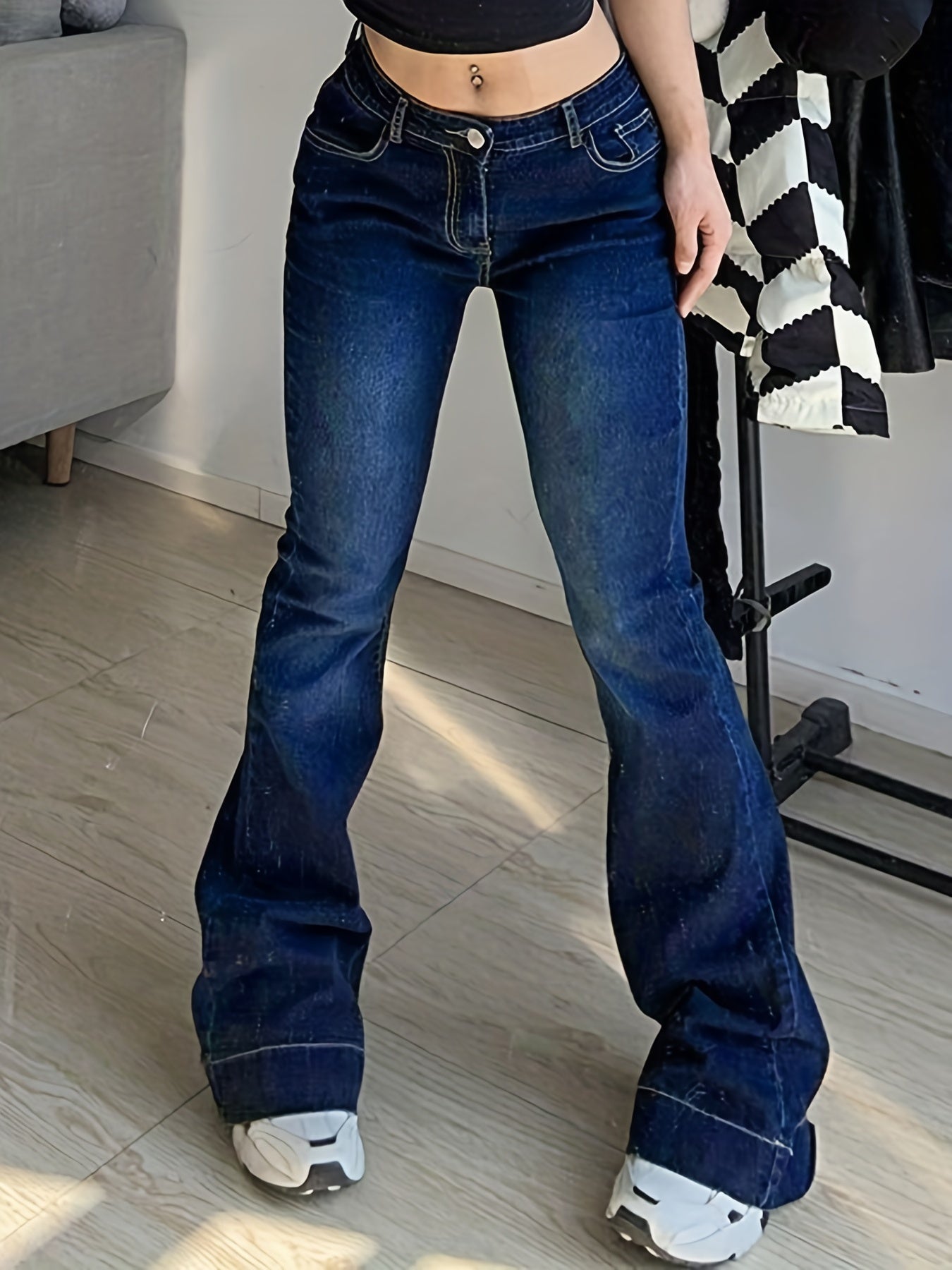 Baggy Flare Leg Jeans Plain Washed Casual Bootcut Denim