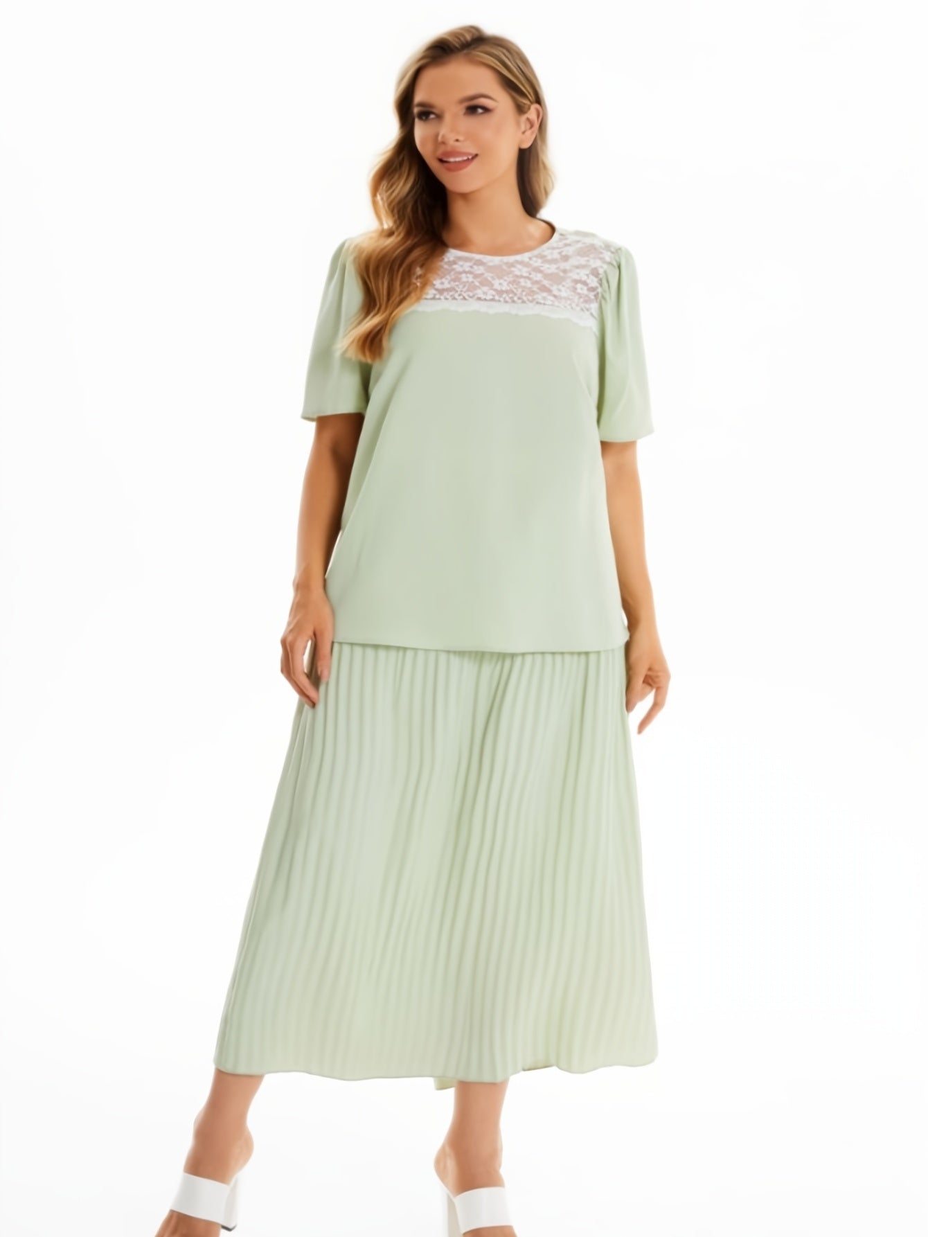 Lace Short Sleeve Tops & Pleated Maxi Skirt Set 2pcs Outfit