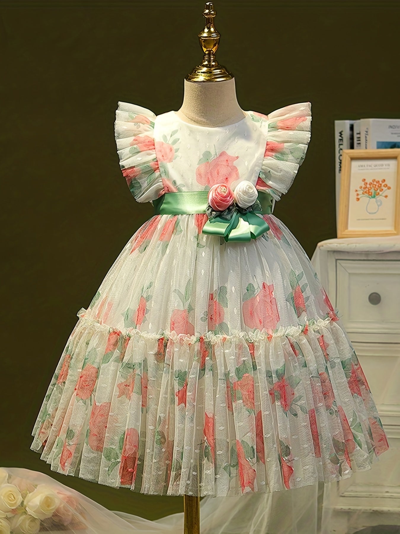 Girls Summer Flutter Sleeve Dress Baby Floral Princess Skirt