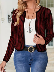 Plaid Open Front Jacket Long Sleeve Contrast Trim Jacket