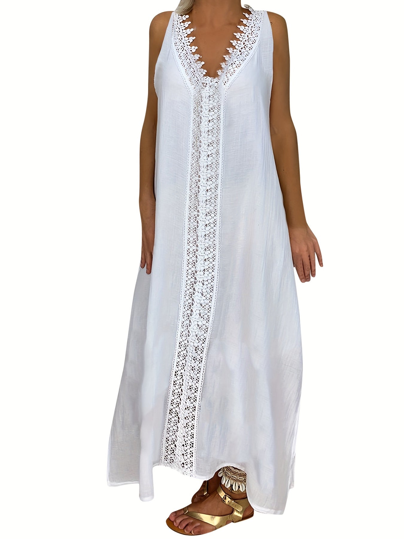 Boho Lace Sleeveless Maxi Dress V Neck Loose Solid
