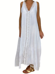 Boho Lace Sleeveless Maxi Dress V Neck Loose Solid