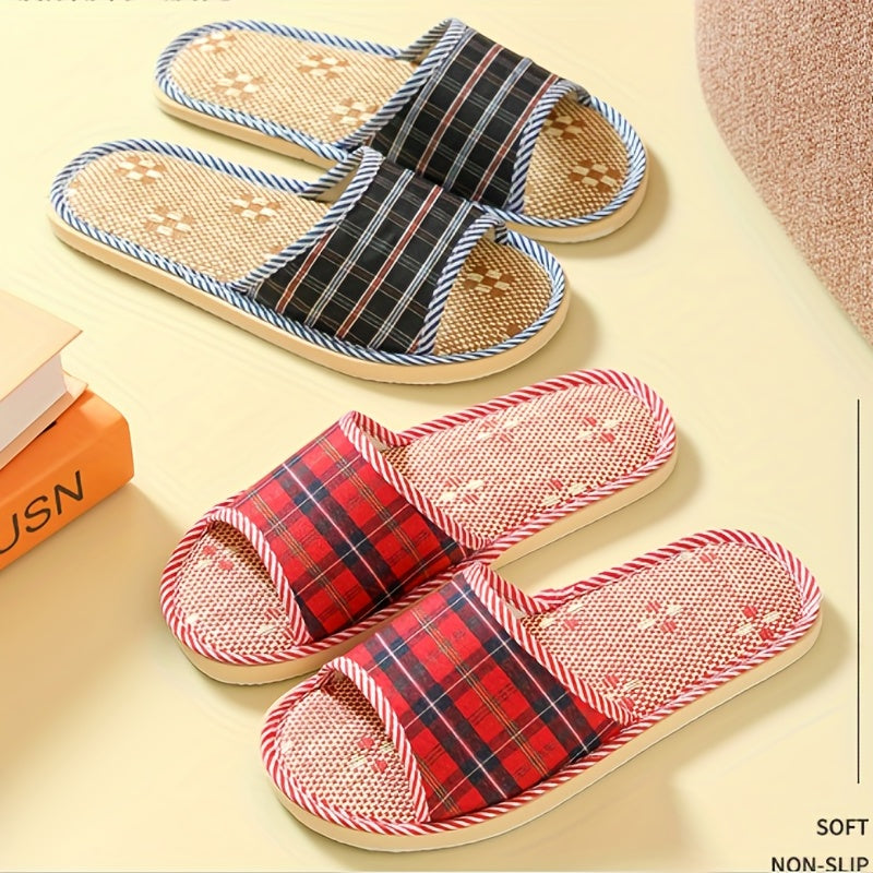 Men's Plaid Linen Non Slip Open Toe Slides For Indoor Home House Shoes