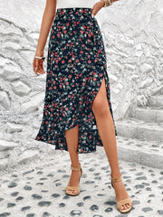 Floral Split Thigh Ruffle Trim Skirt High Waist Women's Clothing