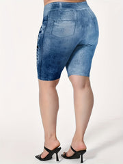 Denim Print Yoga Shorts High Waist Elastic Running Shorts