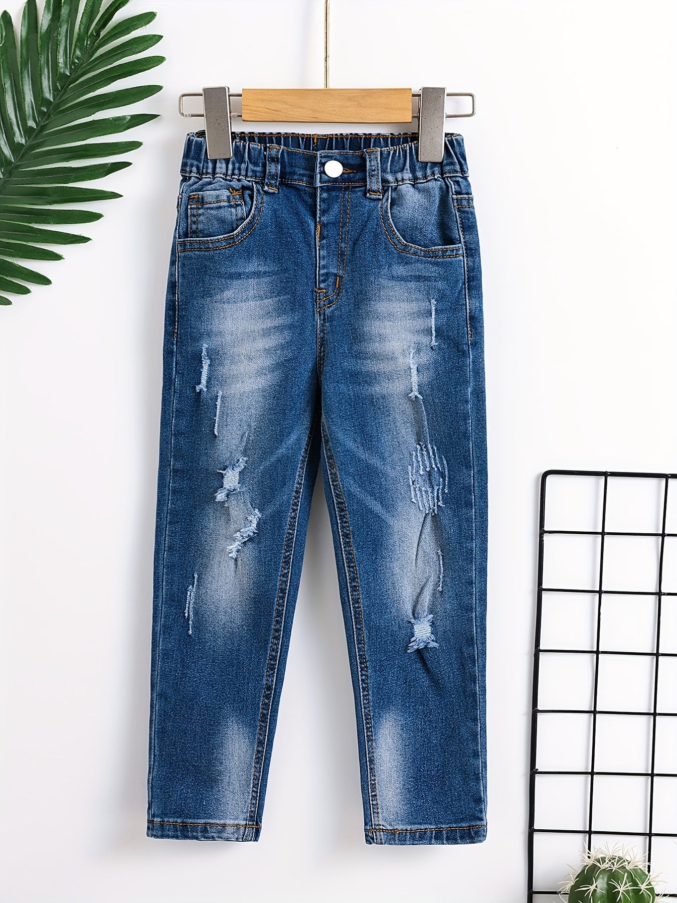 Boys Elastic Waist Ripped Jeans Denim Pants