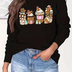 Christmas Coffee Print Loose Sweatshirt Casual Long Sleeve
