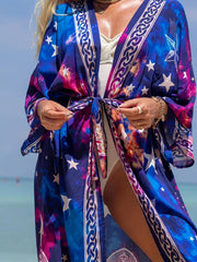 Star Galaxy Print Tie Belt Cover Up Kaftan Loose Fit Casual Vacation Style Dress