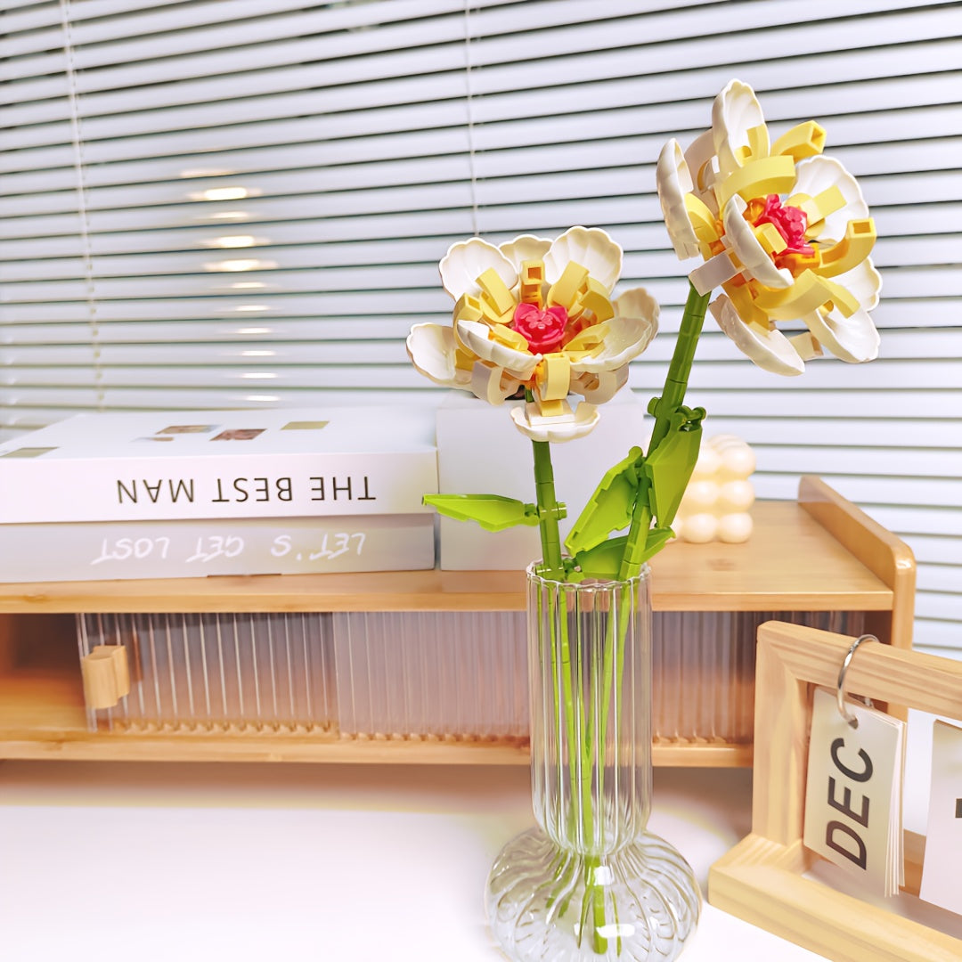 2pcs Daisy Building Block Flowers DIY Toy & Desk Decor, Yellow Petals, Green Ste