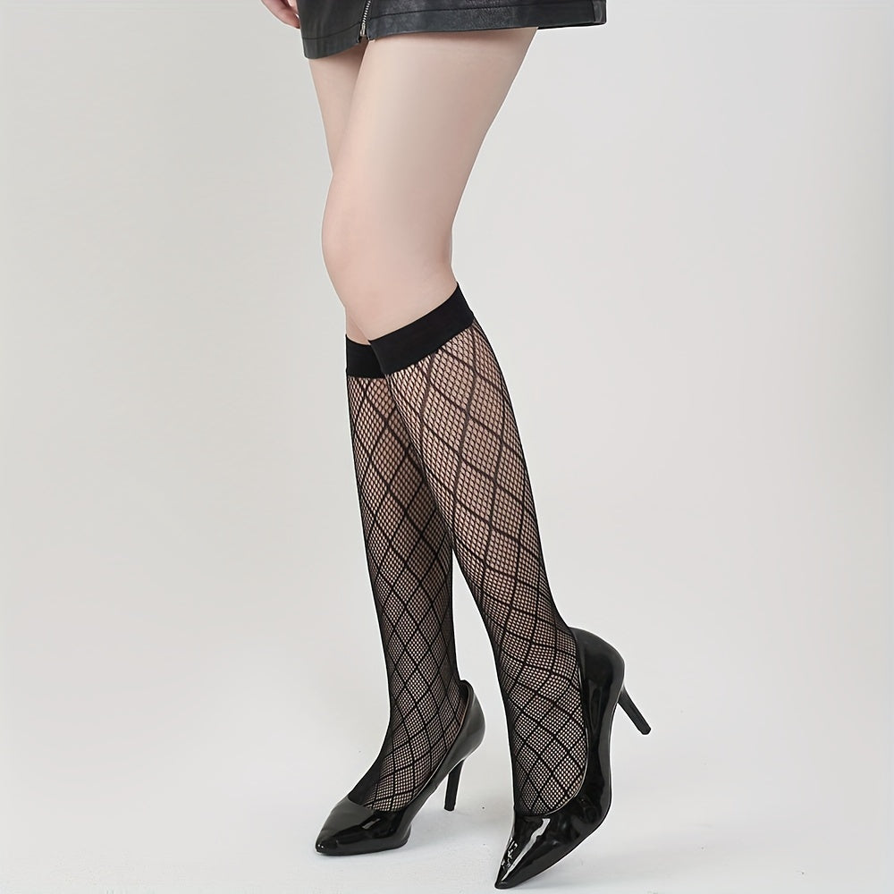 Argyle Fishnet Calf Socks Knee High Stockings