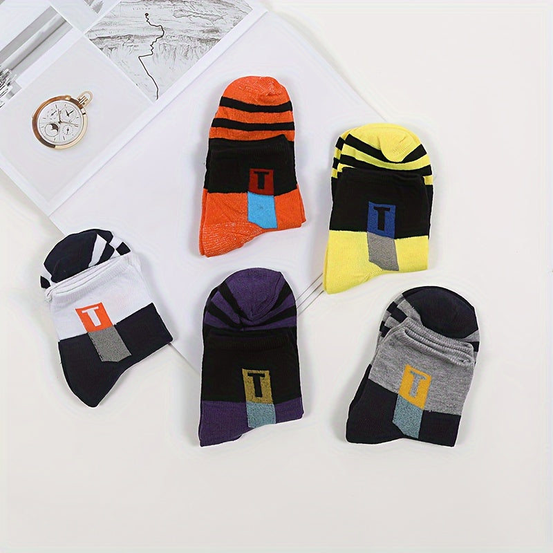 5 Pairs Striped Pattern Socks, Breathable, Comfortable, Outdoor Casual Socks