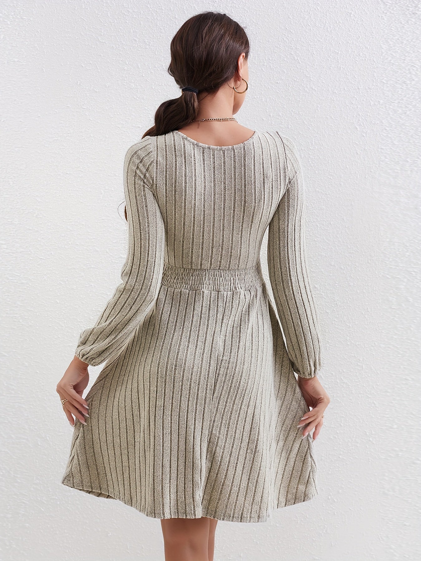 Solid Crew Neck Shirred Waist Dress Casual Every Long Sleeve Dress