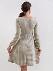 Solid Crew Neck Shirred Waist Dress Casual Every Long Sleeve Dress