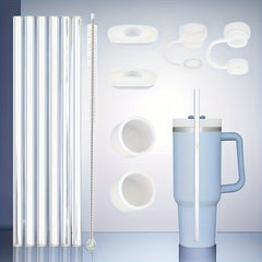 4Pcs Reusable Straws, 6 Silicone Stoppers, Brush, Bag - Cup Accessories