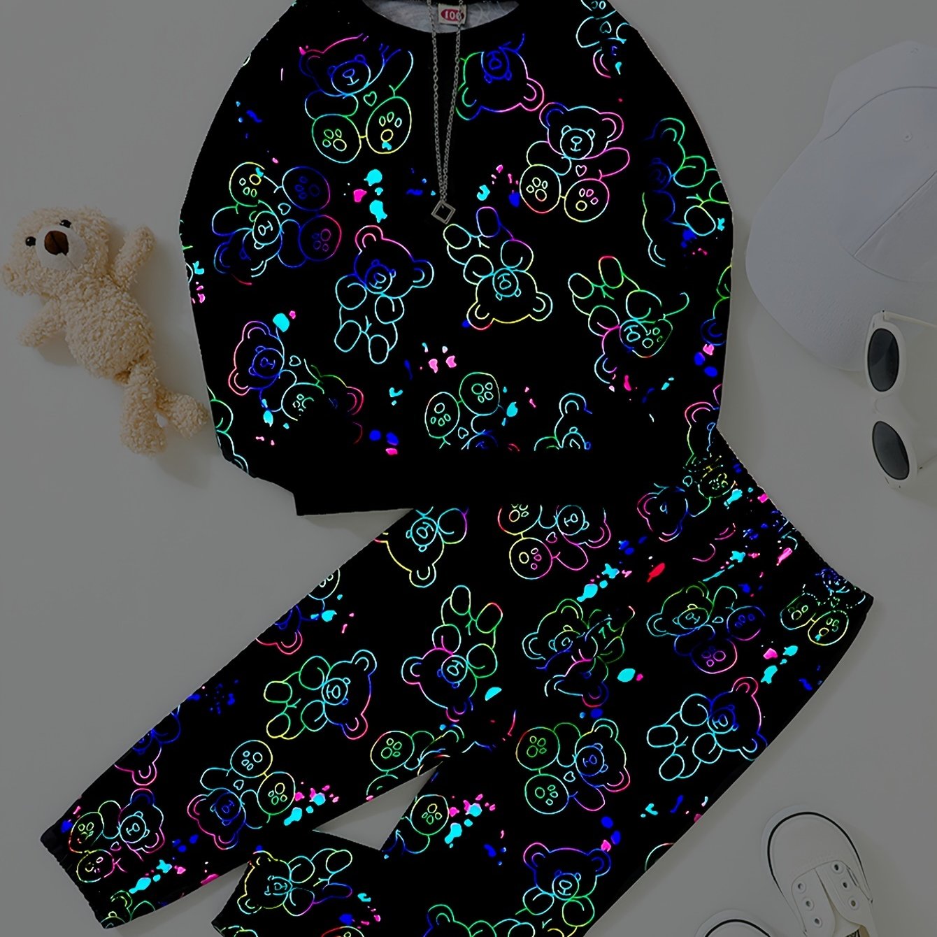 Toddler Boy's Bear Pattern Outfit 2pcs Sweatshirt & Sweatpants Set