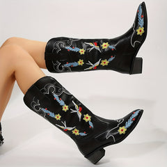Women's Embroidered Floral Boots Chunky Heel Pointed Toe Faux Leather Shoes