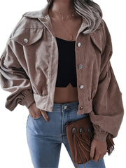 Corduroy Crop Jacket Long Sleeve for Fall & Winter Women's Clothing