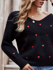 Heart Print Drop Shoulder V Neck Sweater