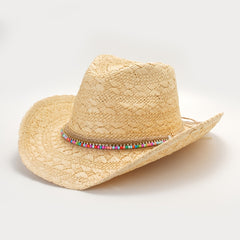 Beige Cowboy Cowgirl Hat Colorful Beads Straw Sun Hat