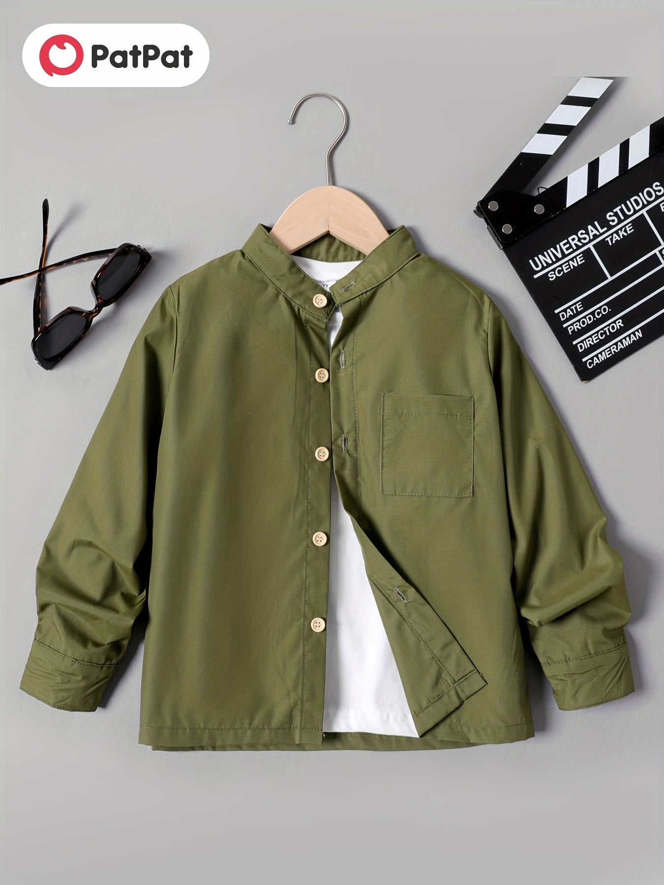 Boys Casual Long Sleeve Stand Collar Shirt With Pocket