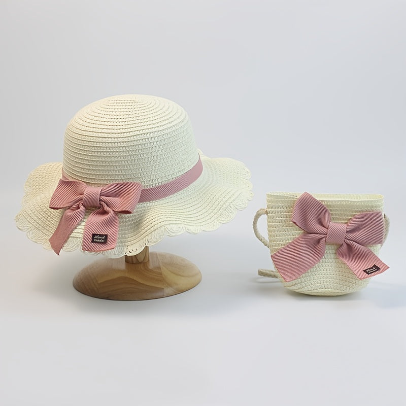 2pcs Girls Straw Hat & Coin Purse Wide Brim UV Protection Kids Accessories
