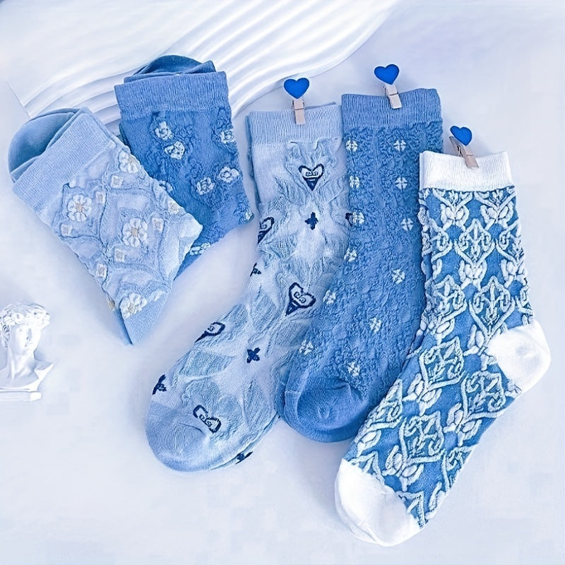 5 Pairs Floral Print Mid Tube Socks for Women