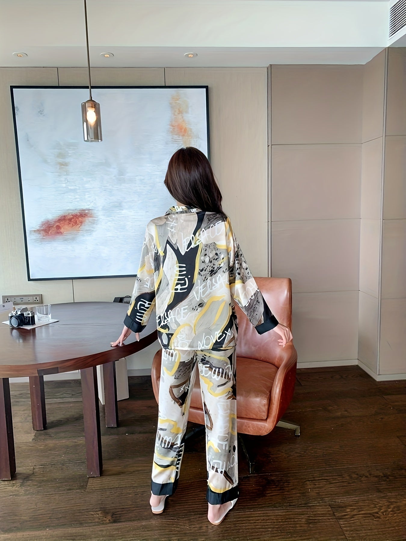 Floral Satin Pajama Set Long Sleeve Top & Pants Women's Sleepwear