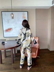 Floral Satin Pajama Set Long Sleeve Top & Pants Women's Sleepwear