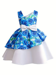 Toddler Girls Ruffle Trim Flowers And Butterfly Graphic Bow Princess Dress