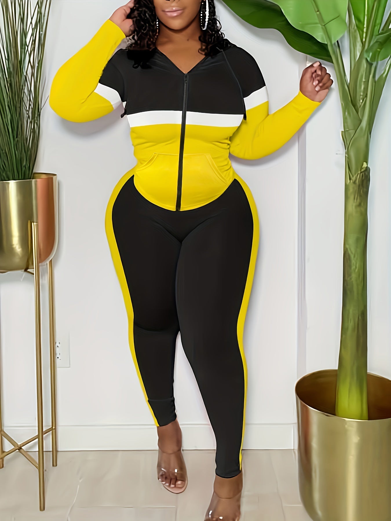Colorblock Long Sleeve Hooded Zip Up Coat & Leggings Outfit Set
