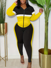 Colorblock Long Sleeve Hooded Zip Up Coat & Leggings Outfit Set