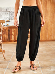 Solid Ruched Baggy Pants High Waist Elastic With Pockets