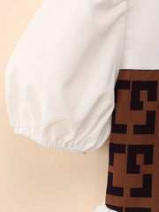 Girl's Geometric Pattern 2pcs Puff Sleeve Shirt & Flared Pants Set