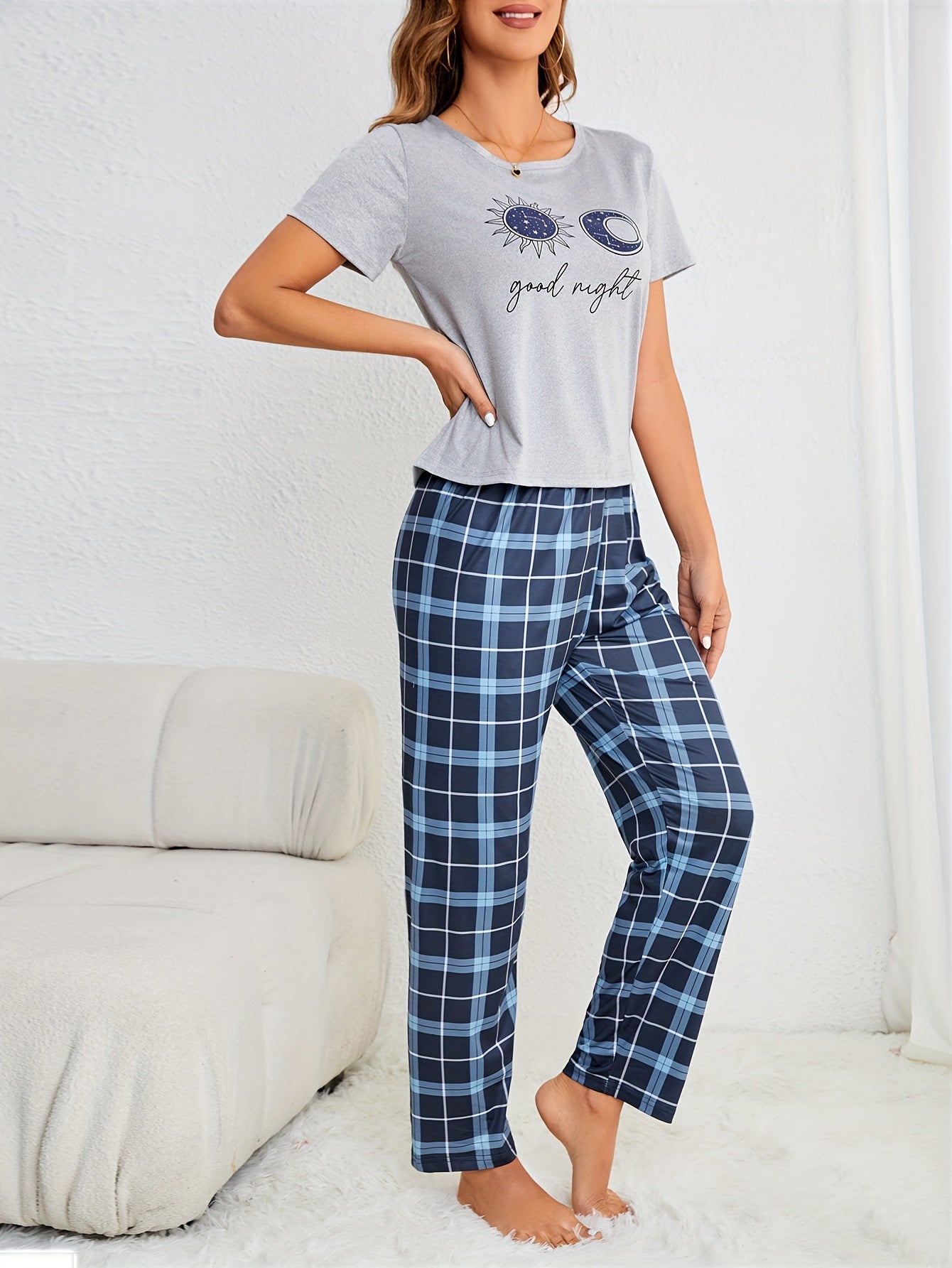 Letter Print Pajamas Set Short Sleeve Top & Plaid Pants