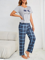 Letter Print Pajamas Set Short Sleeve Top & Plaid Pants