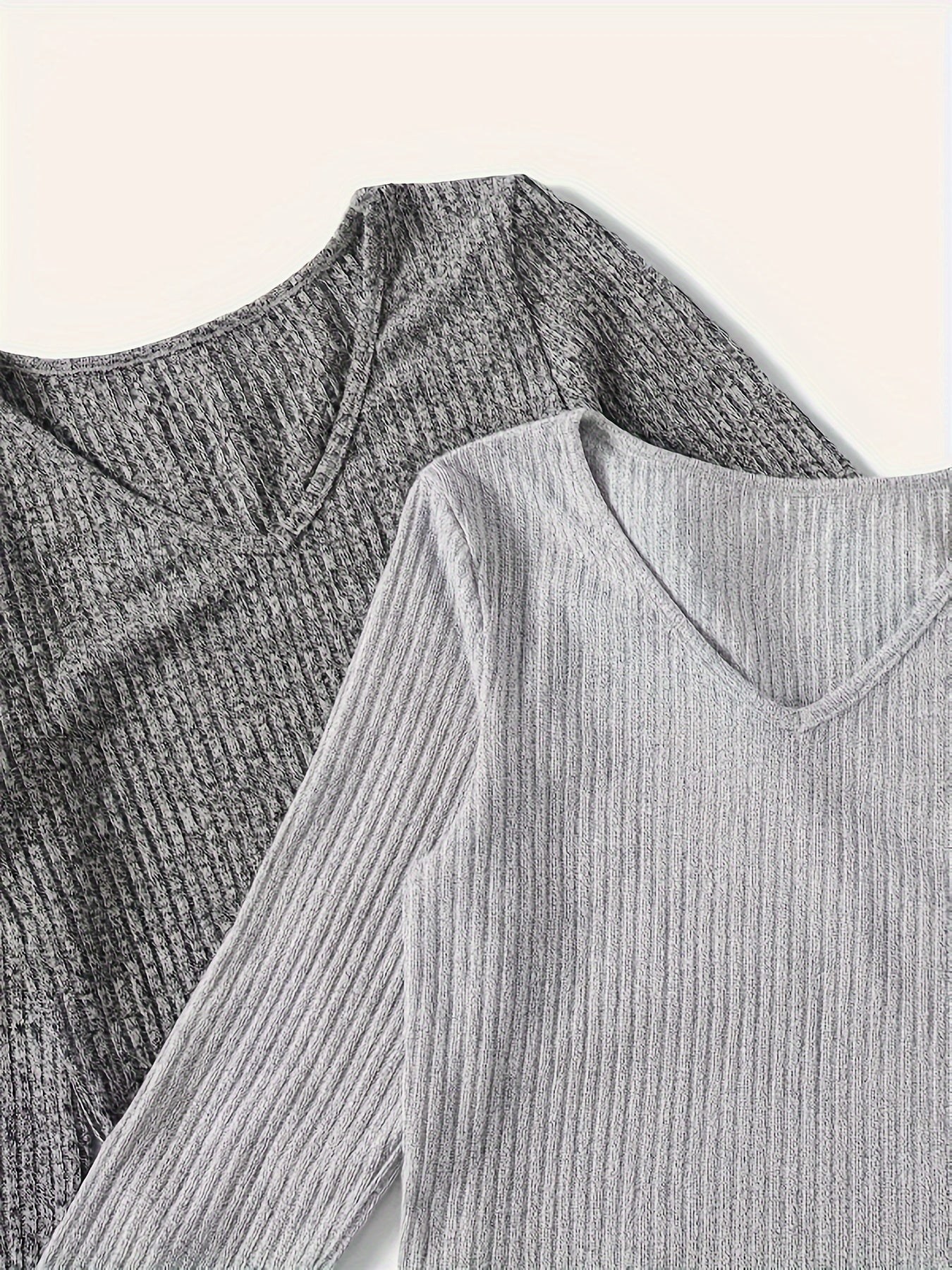 Solid Ribbed Lounge Set V Neck Top & Elastic Waistband Pants