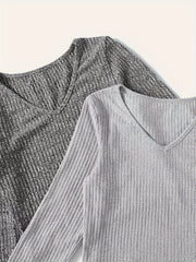 Solid Ribbed Lounge Set V Neck Top & Elastic Waistband Pants