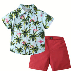 2pcs Boys Flamingo Graphic Print Shirt&Shorts Set