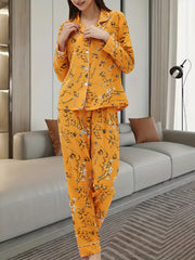 Floral Print Pajama Set Long Sleeve Top & Elastic Waistband Pants