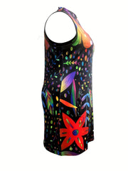 Floral Print Zip Up Stretch Tank Dress w/ Pockets - Plus Size
