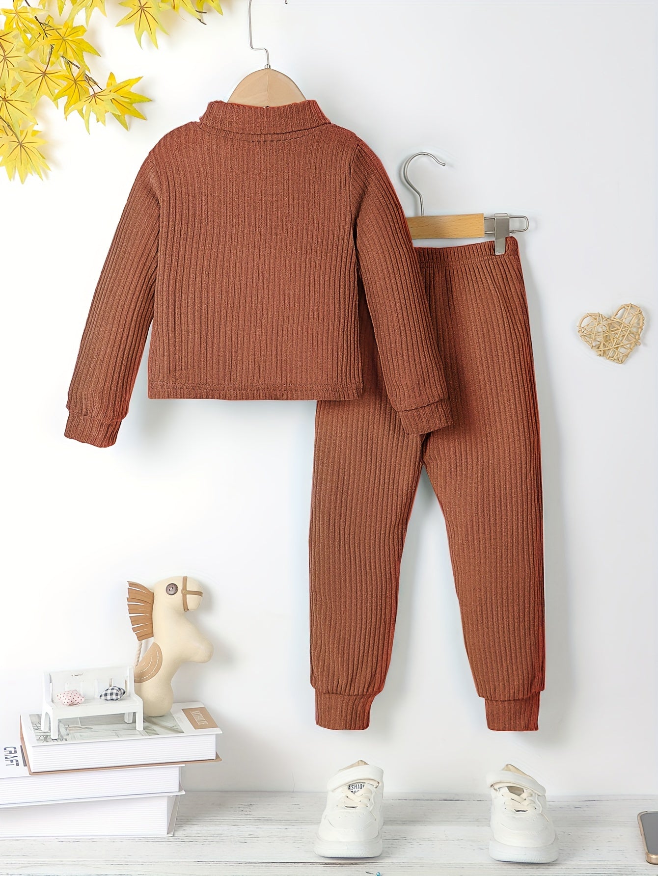 Girl's Solid 2pcs Top & Ribbed Pants Set for Spring Fall