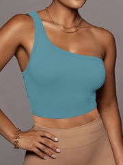 One Shoulder Crop Tank Top Solid Ribbed Knit Top Women's Clothing