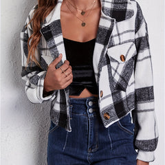 Plaid Crop Jacket Long Sleeve Casual Winter Clothing
