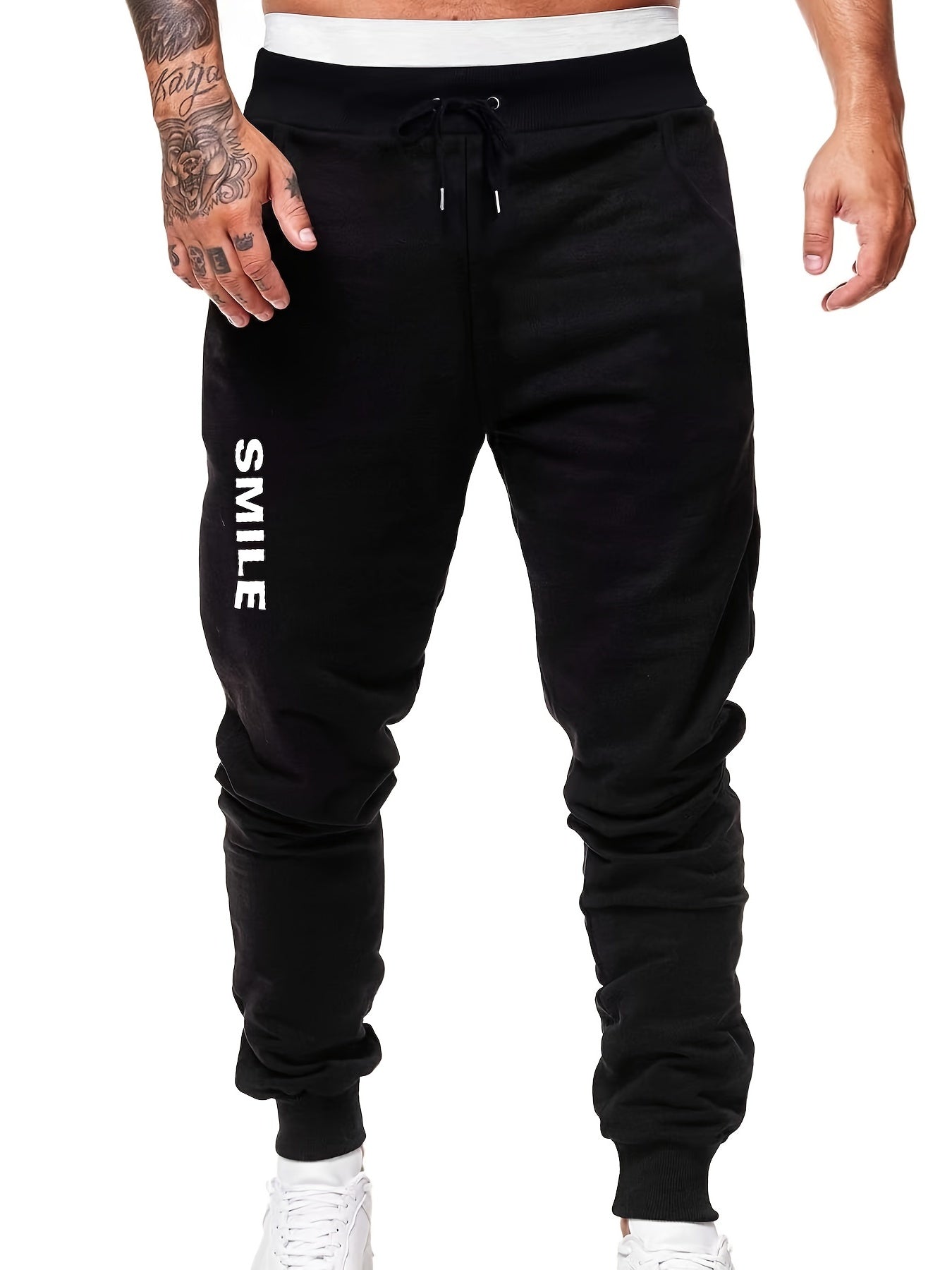 Men's Smile Word Print Joggers Drawstring Trousers