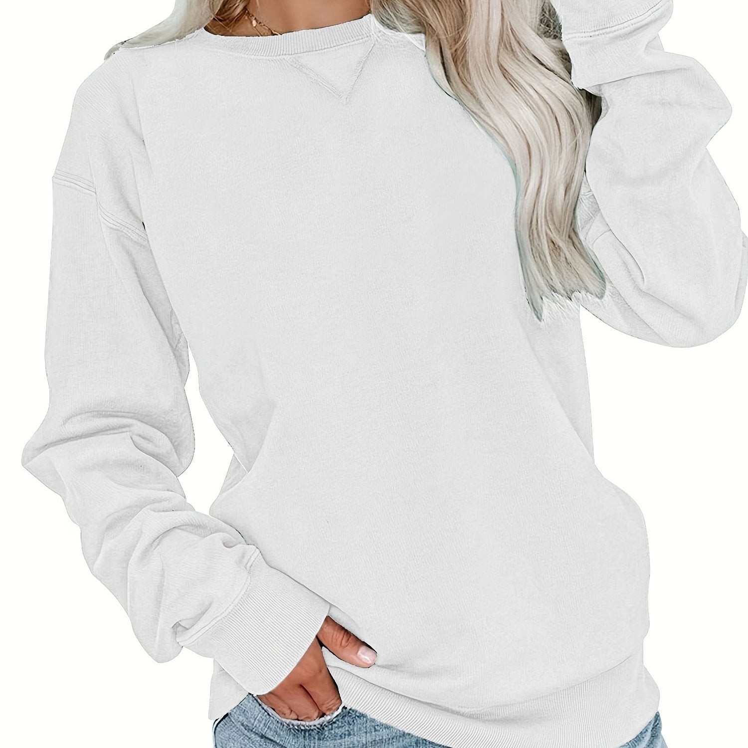 Solid Crew Neck Long Sleeve Sweatshirt for Women
