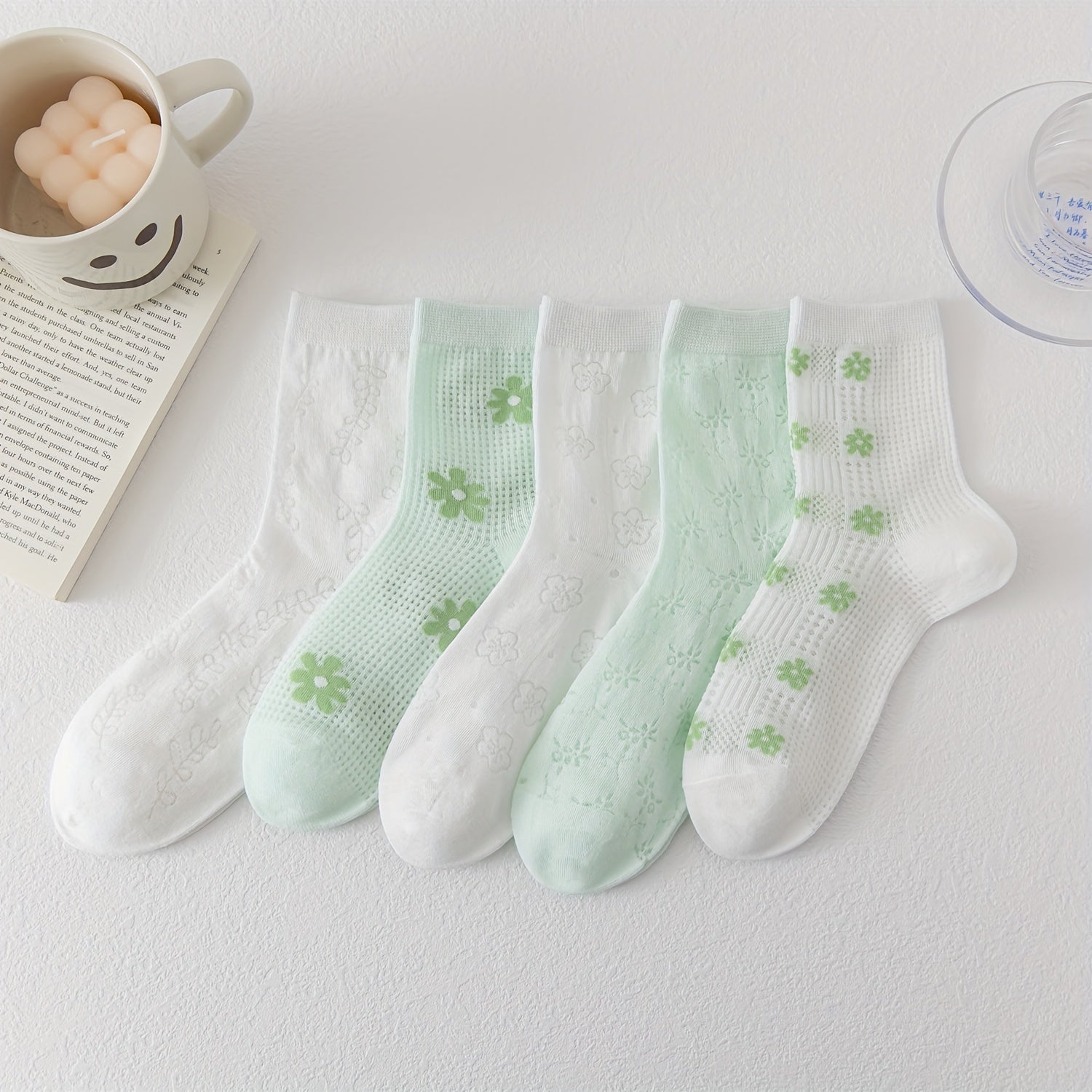 5 Pairs Floral Crew Socks Women's Stockings